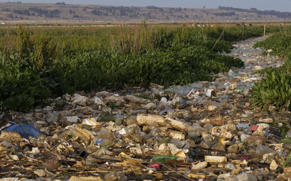 Botellas de plástico y basura flotan en el río Katari que desemboca en el lago Titicaca, en Chojasivi, Bolivia, el viernes 5/11/2021