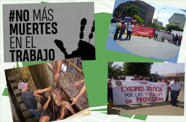 Fotos relacionadas con el accidente de Provegram (en 2003 en Venezuela) y protestas laborales en reclamo de justicia por ese caso, así como de mayor prevención, seguridad y salud en el trabajo