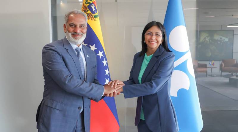 Vicepresidenta Delcy Rodríguez y el secretario general de la Organización de Países Exportadores de Petróleo (OPEP), Haitham al-Ghais