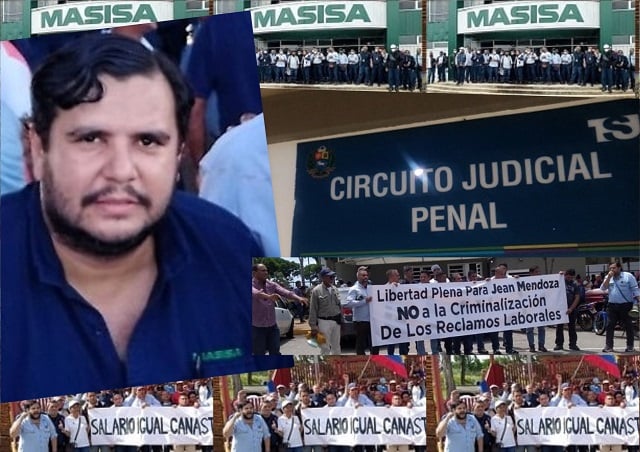 Composición con fotografías de Jean Mendoza, dirigente sindical de SITRAEMAS (trabajadores de la transnacional MASISA) que ha conseguido que los tribunales venezolanos (en Puerto Ordaz) lo enjuicien por supuesta "promoción e instigación al odio", debido a los reclamos laborales y sindicales que la empresa se niega a atender