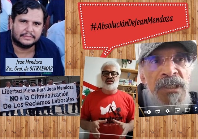 Pronunciamientos internacionales solidarios con Jean Mendoza, dirigente de los trabajadores de transnacional de la madera MASISA (Edo Bolivar), judicializado por su lucha laboral. Del otro lado, Alex Fernandes, dirigente del sindicato de Metroviários de San Pablo (trabajadores del Metro), militante de Revolución Socialista, sección brasileña de la LIS y Juan Sánchez, directivo de la Asociación Sindical de Profesores Universitarios de la Universidad Nacional de Colombia y de UNIOS-Colombia, sección LIS