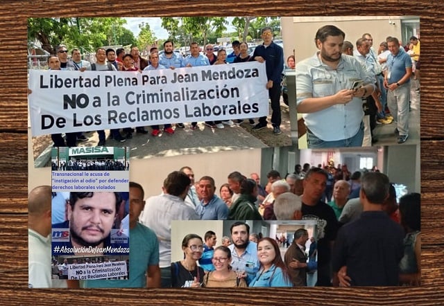 Composición con Flyer y fotos del acompañamiento obrero solidario con Jean Mendoza, judicializado por la lucha laboral de los trabajadores de MASISA