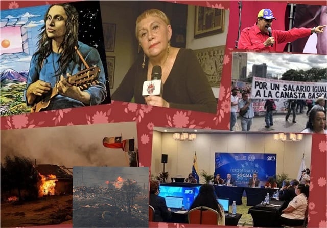 Imágenes alusivas a las efemérides destacadas: Violeta Parra, Fresia Ipinza, Maduro, incendios en Chile, "Diálogo Social"