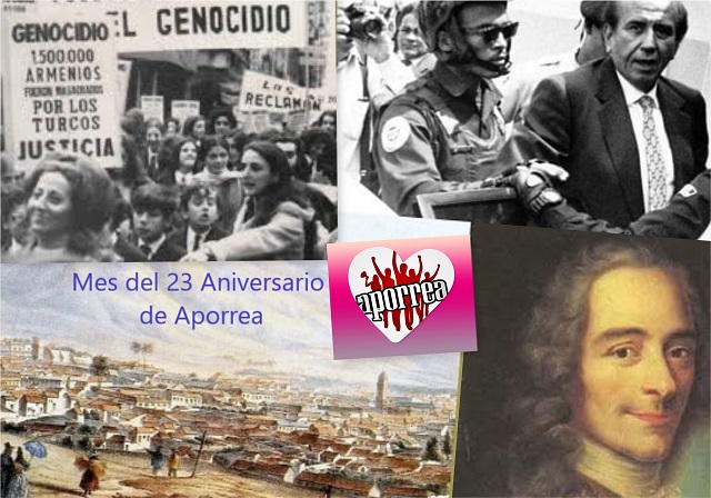 Imágenes alusivas a las efemérides destacadas; Marcha contra el genocidio armenio, detención de CAP, Caracas colonial, Voltaire