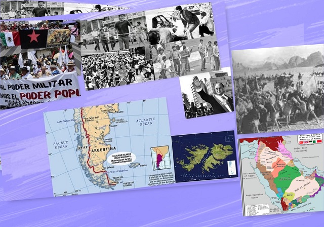 Imágenes alusivas a las efemérides destacadas: La represión a los estudiantes mexicanos en 1971 y marchas contra la impunidad. El presidente de México, Echevarría, responsable de la represión. Mapa de Argentina y de las islas Malvinas. Imagen de la rebelión árabe y mapa del Estado creado.