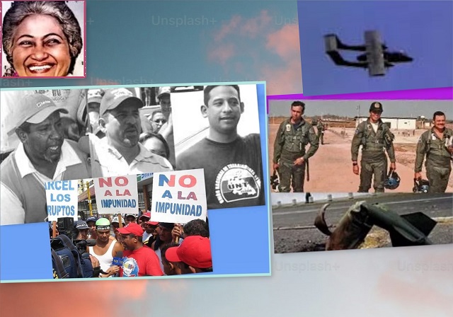 En la imagen de arriba y a la izq. Argelia Laya, debajo los sindicalistas clasistas asesinados: Richard, Luís y Carlos. A la derecha, bajo el avión Tucano, del lado derecho, los militares sublevados Soteldo y Visconti