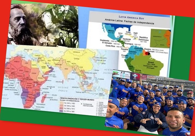 Imágenes alusivas a las efemérides destacadas. Engels, junto a Marx. Mapas de países independizados. Equipo de beisbol de Venezuela.